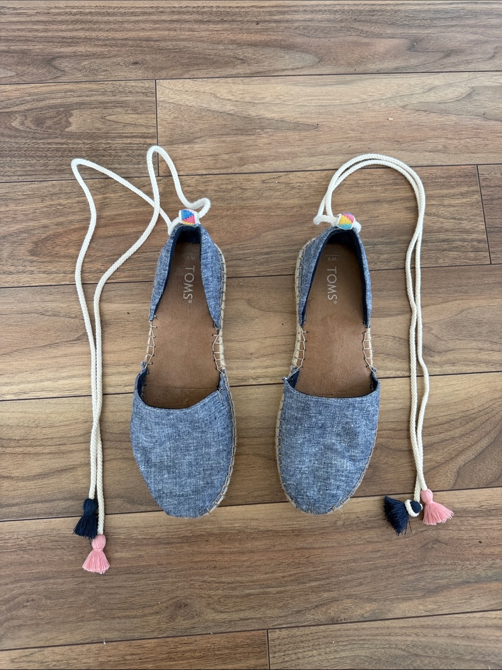 Toms Chambray Espadrille Lace-Up Sandals - Blue with Pink & blue Tassels